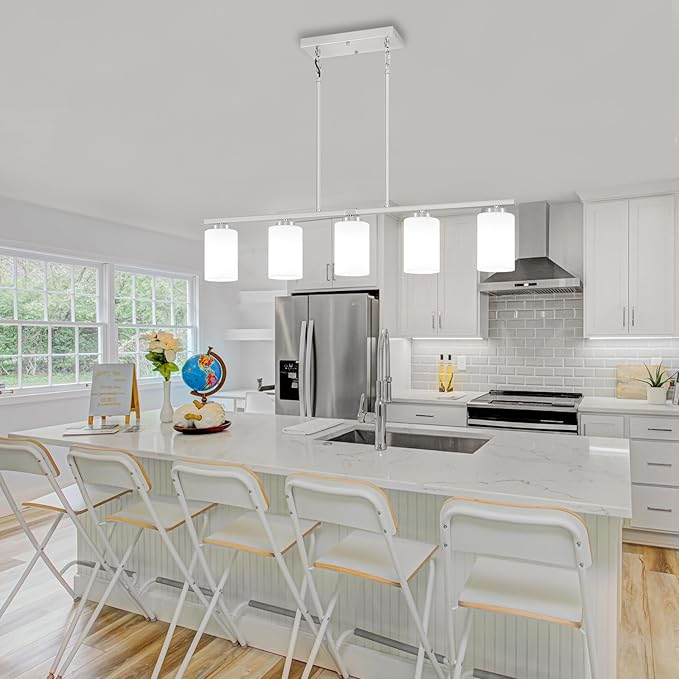 Brushed Nickel Island Lights for Kitchen, 5-Light Modern Dining Room Light Fixtures Over Table Glass Penadnt Lights Adjustable Kitchen Hanging Light Fixtures Linear Farmhouse Chandeliers Over Island