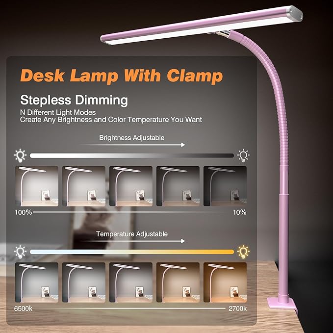 Airlonv LED Desk Lamp for Office Home, Eye-Caring Desk Light with Stepless Dimming Adjustable Flexible Gooseneck, 10W USB Adapter Desk Lamp with Clamp for Reading, Study, Workbench (Pink)