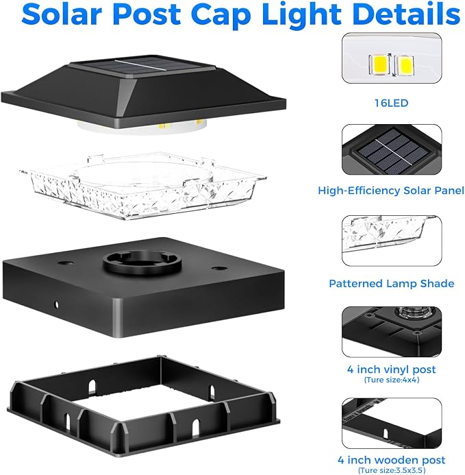 Peasur 4x4 Solar Post Cap Lights, 2 Modes 16 LED Post Solar Lights Waterproof, 12 Pack Black Fence Deck Lights Fit Wooden/Vinyl Post for Porch Patio
