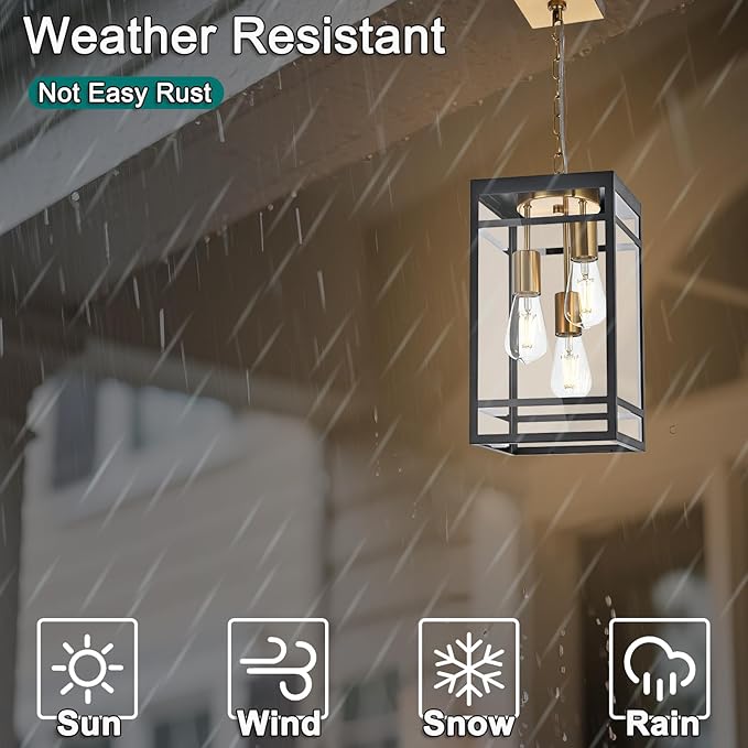 Large Outdoor Pendant Light Fixture for Porch, Black Brass Outdoor Hanging Lantern Pendant Light with Clear Glass, 3 Lights Exterior Porch Chandelier for Outside Patio,Front Door,Enterway