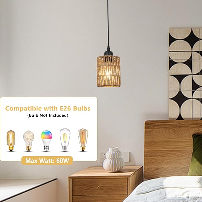 LAMSU 1-Light Rattan Pendant Lights, Boho Farmhouse Pendant Lighting with 4.7×5.9in Hand Woven Shade, Small Wicker Light Fixture Ceiling Hanging for Dining Room Kitchen, Height Adjustable up to 61in