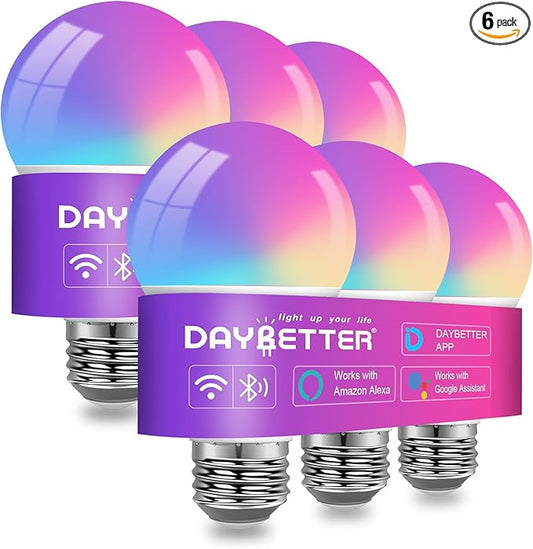 DAYBETTER Smart Light Bulbs, RGBCW Color Changing Smart Bulb Compatible with Alexa & Google Home,Preset Scene, Music Sync, A19 E26 2.4G WiFi Bluetooth Dimmable LED Bulbs, 60W Equivalent, 800LM, 6 Pack