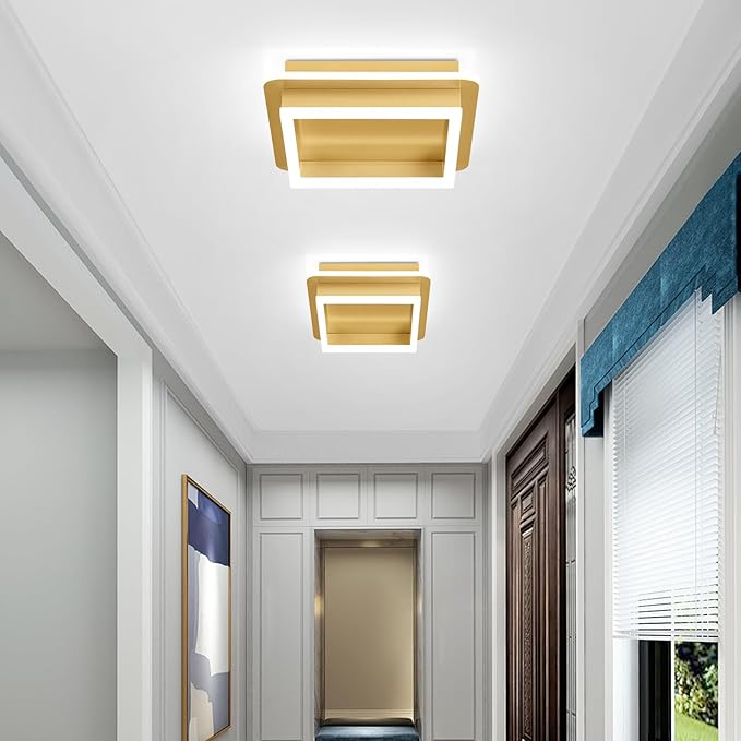 CANEOE Square LED Hallway Ceiling Light, Gold Modern Led Ceiling Light Fxitures, 6000K Cold White Small Flush Mount Ceiling Lamp for Hallway Bedroom Kitchen Balcony Cloakroom