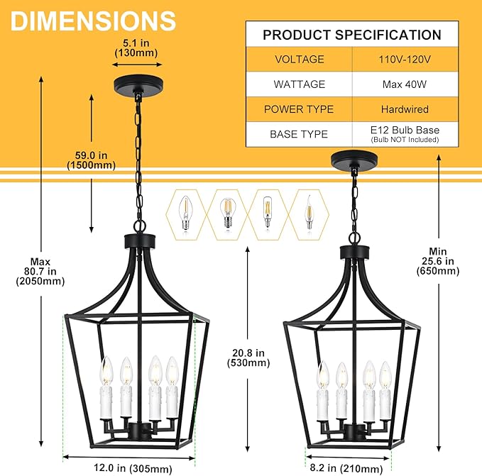 4-Light Black Lanter Chandelier, Height Adjustable Hanging Lighting, Farmhouse Dining Room Pendant Light Fixture for Kitchen Island Entryway Staircase, E12 Bulb Base