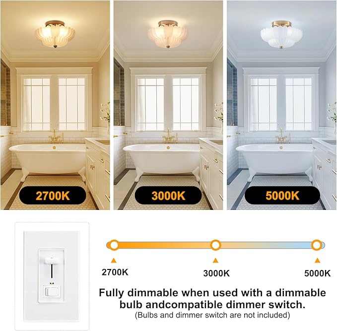 Milk Glass Flush Mount Ceiling Light - 11.6” Brass Semi Flush Mount Ceiling Light Fixture with Milk Glass，Mid Century Close to Ceiling Light for Bedroom, Living Room, Hallway, Entryway