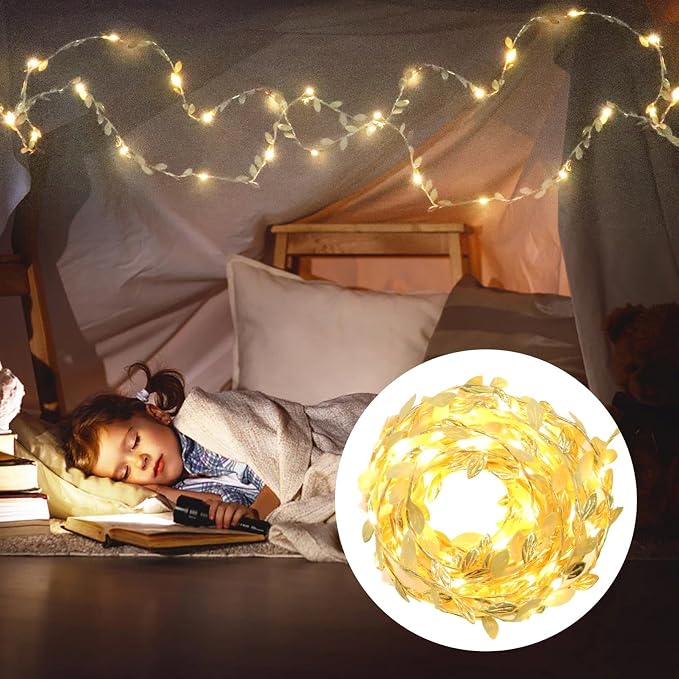 Uonlytech Gold Leaves String Light 100 LED Rattan Fairy Light Battery- Powered Copper Wire Light Window Curtain Haing Lamp for Indoor Outdoor Home Tree Garden Decor