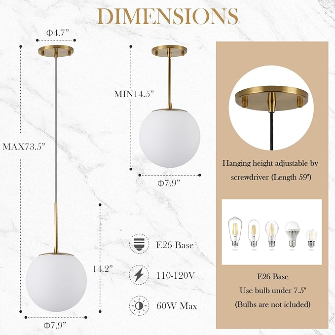 Milk Globe Pendant Light, Mid Century Modern Ceiling Hanging Lights Fixture with Height Adjustable, Brass Gold Pendant Lighting for Kitchen Island, Hallway, Dining Room, Living Room (2 Pack)
