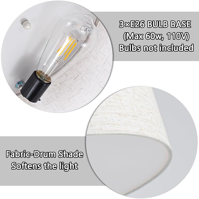 Luupyia 3-Lights Drum Ceiling Light Fixture 12.6 Inches, Vintage Unique Semi Flush Mount Ceiling Lighting with Fabric Drum Shade, Farmhouse Chandeliers for Bedroom, Hallway, Entry, Foyer E26 60W