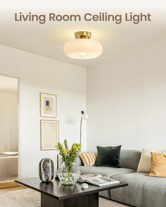 Yunnix Semi Flush Mount Ceiling Light, Milk Glass Light Fixture, Gold Mid-Century Modern Farmhouse Small Light Fixtures for Hallway, Bathroom, Kitchen, Bedroom, Living Room, Closet, Laundry(8.66 Inch)