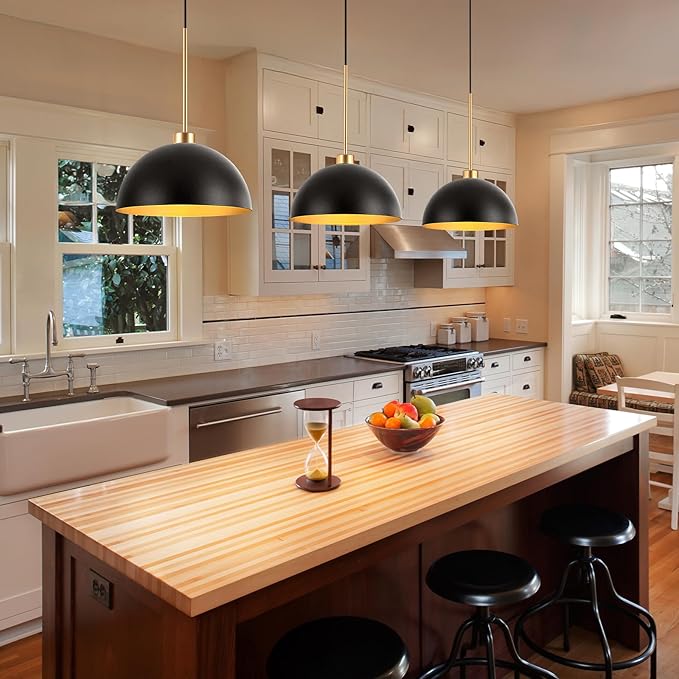 Farmhouse Pendant Lights, 3-Light Black and Gold Dome Pendant Light Fixtures,Industrial Kitchen Island Lighting for Dining Room Bar, E26 Base