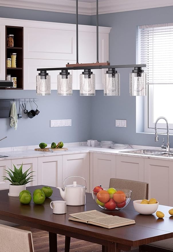 Amico Dining Room Light Fixture 5-Light Kitchen Island Lighting with Adjustable Rods, Farmhouse Decor Black Metal & Wood Chandelier with Seeded Glass Shade, Island Lights for Kitchen