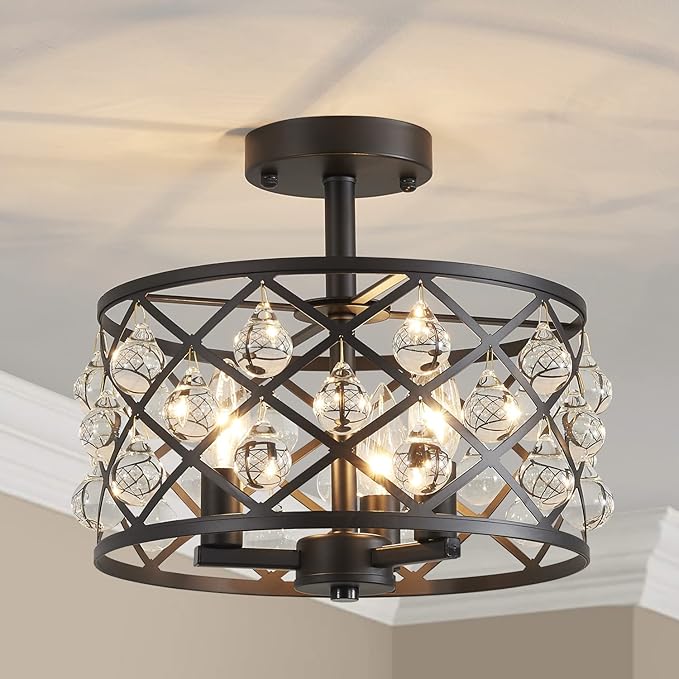 AGV LIGHTING CH013 Farmhouse Semi Flush Mount Ceiling Light Fixture, E12 Base 3-Lights, D13 x H12, Matte Black Finish