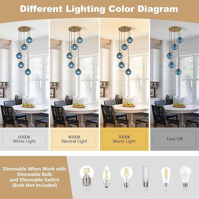 KCO Lighting Nordic Blue Glass Pendant Light 5-Light Globe Cluster Pendant Lighting Brushed Gold Kitchen Island Pendant Lights Modern Farmhouse Multi Pendant Hanging Light Fixture