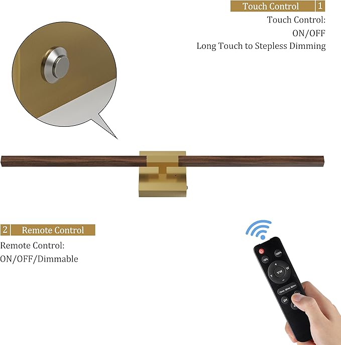 Rayogale 36 Inch Rechargeable Battery Operated Wall Sconce Set 2, 8000mAh Cordless, 3000K/4500K/6000K, Dimmable, Remote, Touch Control, 360° Rotation for Living Room Gold Walnut 2 Pack