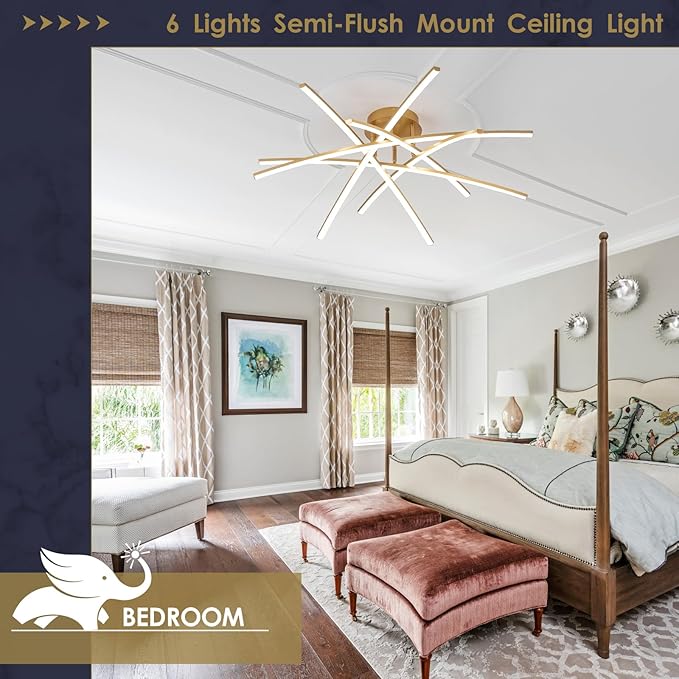 Gold LED Chandelier Semi Flush Mount Ceiling Light, 65W Remote Control Ceiling Lighting Fixture for Living Room Dining Room Kitchen Bedroom 32.8” Close to Ceiling Light Dimmable 3000K-6000K