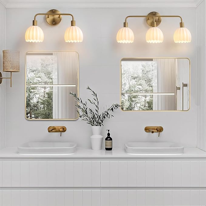 2-Light Gold Brass Bathroom Light Fixture,Wall Sconces,Brushed Gold Vanlity Light Over Mirror,Bathroom Vanity Light with White Glass Flower Shade,E26 Socket(Bulbs Not Included)