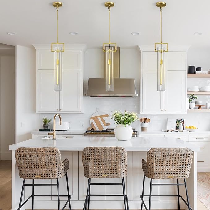 Brass Pendant Lights,Modern Glass Pendant Lights Kitchen Island,21.6'' Farmhouse Gold Kitchen Pendant Lighting Over Island for Dining Table,Bathroom,Bedroom,Included E26 Bulb