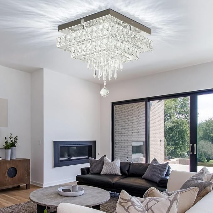 Finktonglan 13" Square Crystal Ceiling Light Flush Mount, Modern Multi-Layer LED Crystal Chandelier, Cool White 6500K, Non-Dimmable No Remote for Bedroom Entryway Dining Room Living Room