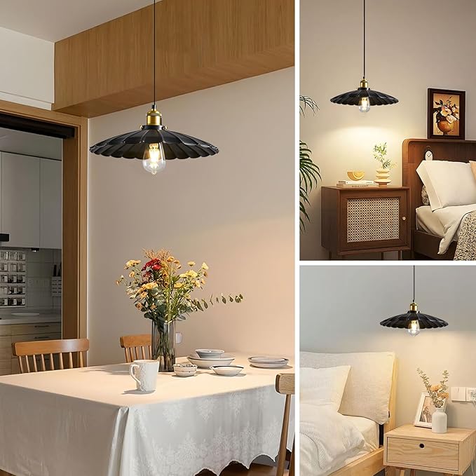 Hanging Light Fixture, Metal Pleated Lampshade Kitchen Island Pendant Lights Black Hanging Light Fixture 15.7 Inch Hanging Pendant Light 6.5Ft Height Adjustable