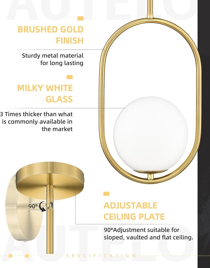 AUTELO Pendant Lights Kitchen Island, 2 Pack Brushed Gold Farmhouse Pendant Lights with Milky White Globe Hanging Lamp, Adjustable Rods for Kitchen Bar Living Room, H9376 MGBG-2PK