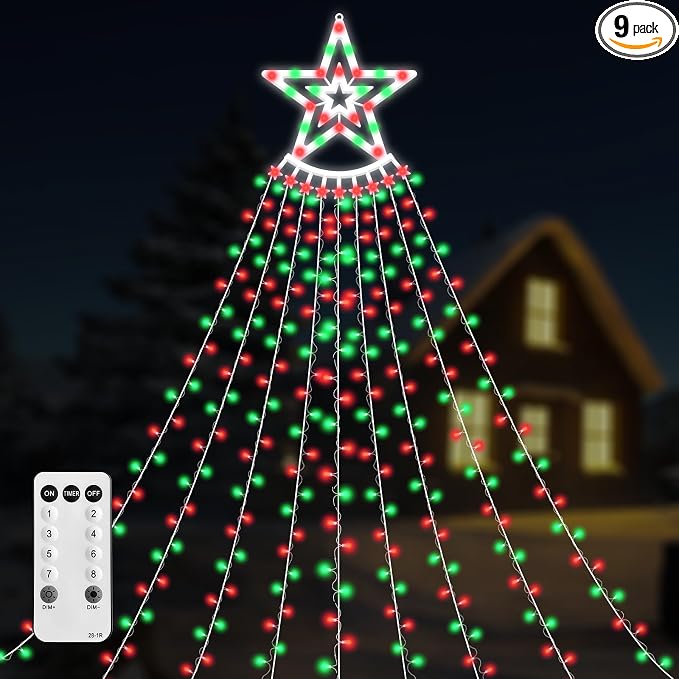 350 LED Christmas Decorations Star String Lights Waterproof Waterfall StarLights 8 Light Modes Remote & Timer,Waterproof Seasonal Lighting Decor for Home Xmas Tree Yard Wedding Party (Red&Green)