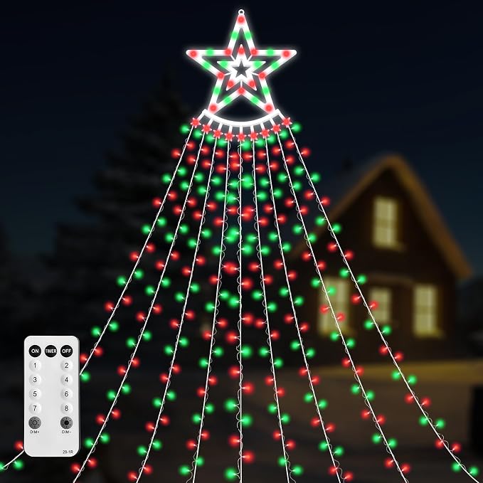 350 LED Christmas Decorations Star String Lights Waterproof Waterfall StarLights 8 Light Modes Remote & Timer,Waterproof Seasonal Lighting Decor for Home Xmas Tree Yard Wedding Party (Red&Green)