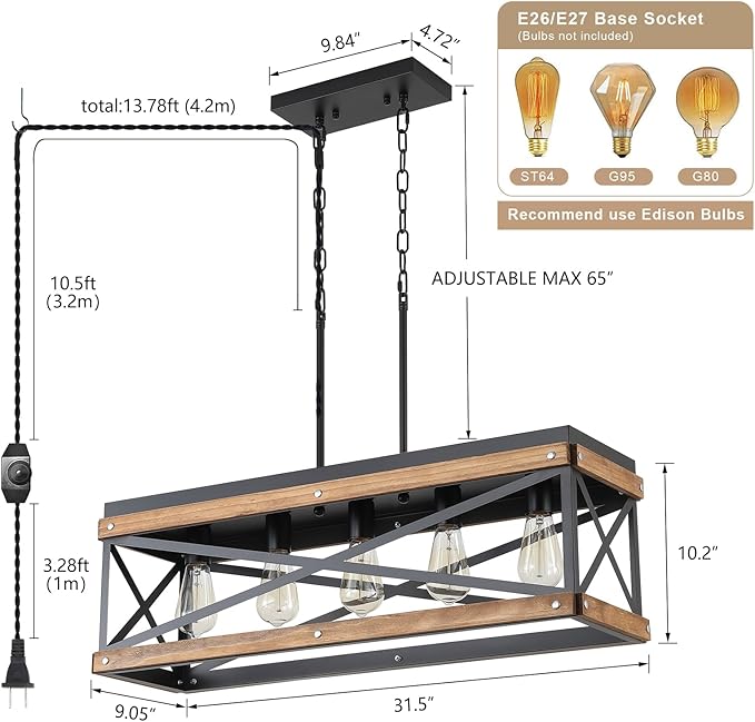 Rustic Farmhouse Plug in Kitchen Island Lighting, 5 Lights Rectangular Pendant Light Fixture with Adjustable Chain, Dimmable Switch, Oak Wood and Metal Linear Chandelier for Dining Room Home, Black