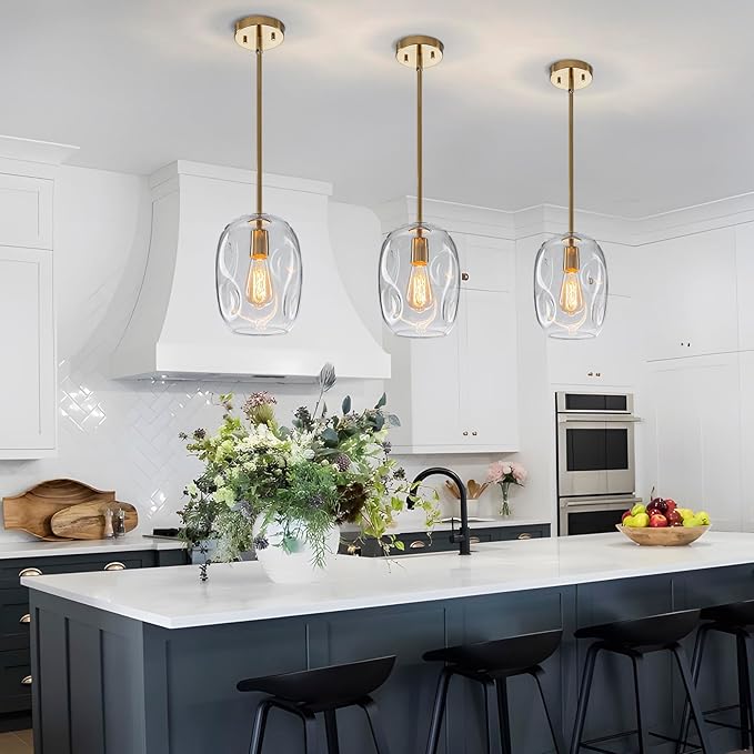 Glass Pendant Lights Kitchen Island -1 Light Gold Hanging Light Fixture Bar Modern Pendant Lighting Ceiling with 9.6" Height Clear Thick Organic Glass Shade for Kitchen Sink Dining Table,E26,1 Pack