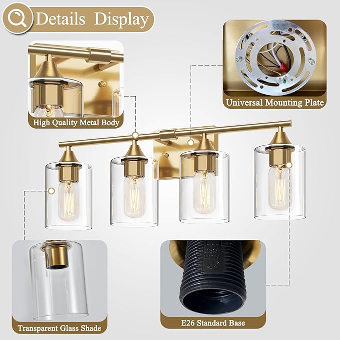 Brushed Gold Vanity Light,4 Light Gold Bathroom Light Fixtures,Bathroom Lights Over Mirror with Clear Glass Shade,Modern Wall Lighting for Mirror Bedroom Vanity Hallway
