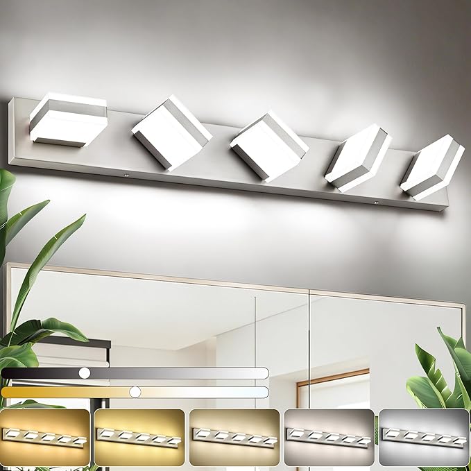 SOLFART Brushed Nickel Vanity Lights for Bathroom, 5 Color Temperature Bathroom Light, Light Fixtures Over Mirror, Modern LED Lighting Adjustable Color 5CCT