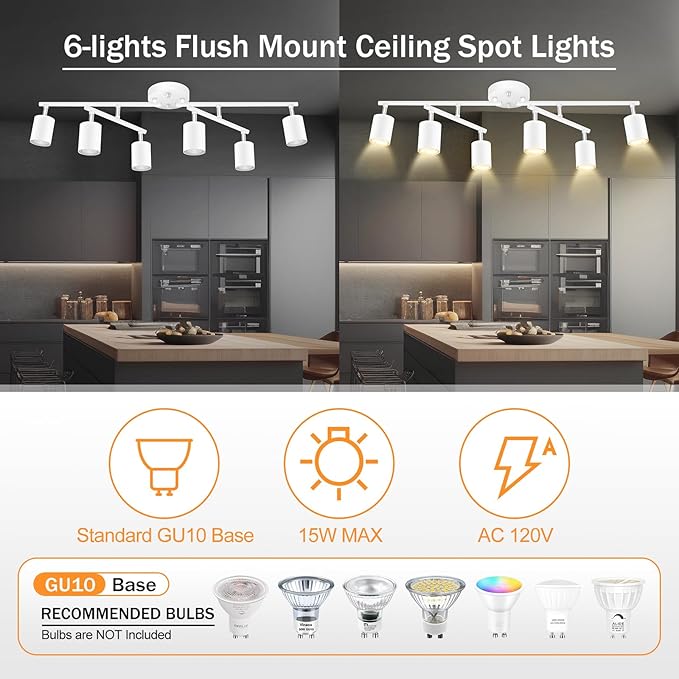 Track Lighting Fixture Ceiling, 30" Modern LED Track Lighting Kit, White 6 Light Ceiling Light for Kitchen, Rotatable Spotlight Heads, Flexible Wall Mount Spot Lighting for Island/Bedroom(NO Bulb)