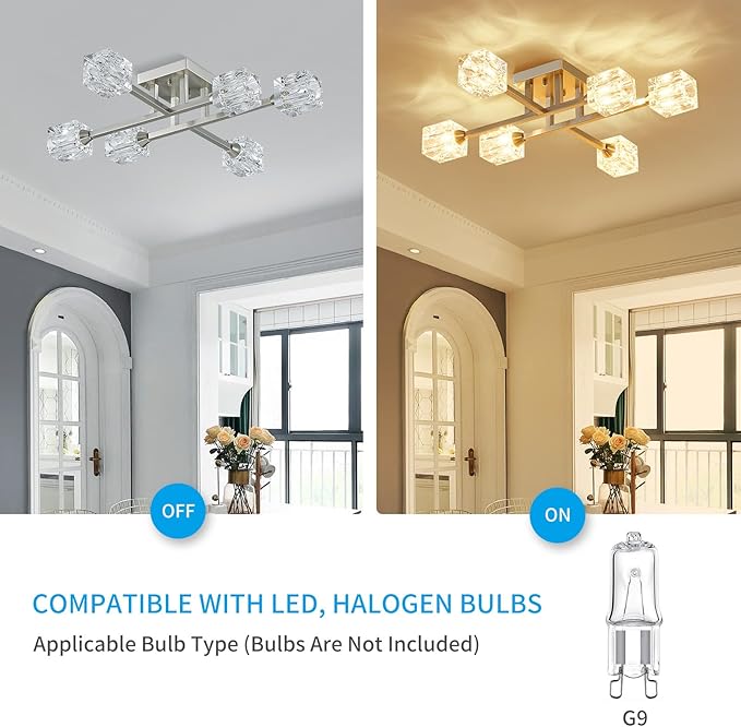 XINGQI Sputnik Light Fixture 6-Lights Semi Flush Mount Ceiling Light, Modern Silver Glass Chandelier Brushed Nickel Lighting for Dining Room Living Room Kitchen Bedroom Entryway