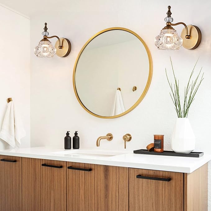 Vintage Wall Sconces, 1-Light Wall Lighting with Crystal Glass Shade, Matte Brushed Antique Brass Finish, Crystal Wall Light, Wall Lamp for Bathroom, Bedroom,Hallway(G9 Base)
