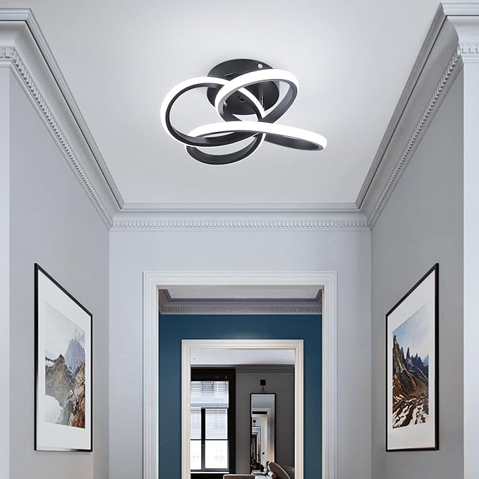 CANEOE Modern Led Ceiling Light Fixture, 6000K Small Hallway Ceiling Light, Black Close to Ceiling Lights for Hallway Bedroom Bathroom Entryway Balcony Stair Curved Design Ceiling Lamp