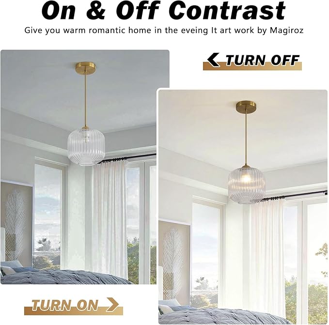Modern Gold 1 Light Hanging Indoor Kitchen Island Pendant Light Large Single Brushed Brass Hanging Light Fixture Mid Century Clear Glass Globe Pendant Lighting for Dining Room Bedroom MPL30-C
