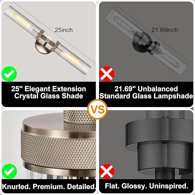 LaLuLa 2-Light Brushed Nickel Vanity Wall Lights Set of 2 –Hardwired Bathroom Light Fixtures with Rippled Glass Shades and Textured Metal Body, Chrome Accent Sconces for Over Mirror or Hallway