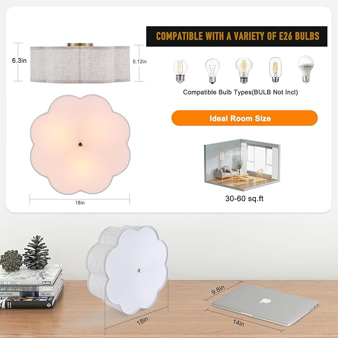 18" Modern Flush Mount Ceiling Light, 3-Light Large Gold Ceiling Fixture with Beige Linen Drum Shade, Flower Design Ceiling Lamp for Dining Room, Bedroom, Nursery, Entryway
