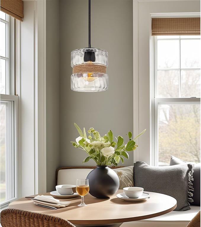 Kira Home Sage 10" Farmhouse Hammered Glass Pendant Light with Natural Rope Accent, Industrial Cylinder Glass Shade Hanging Light, Textured Black Finish