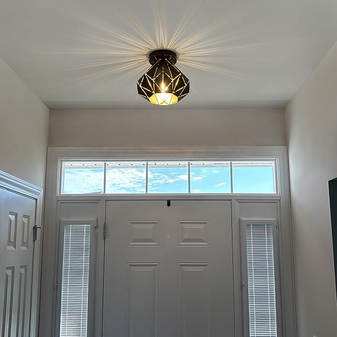 Modern Geometric Ceiling Light, Black Metal Diamond Cage Design, Semi-Flush Mount, Industrial Style, E26, Matte Black with Gold Inside