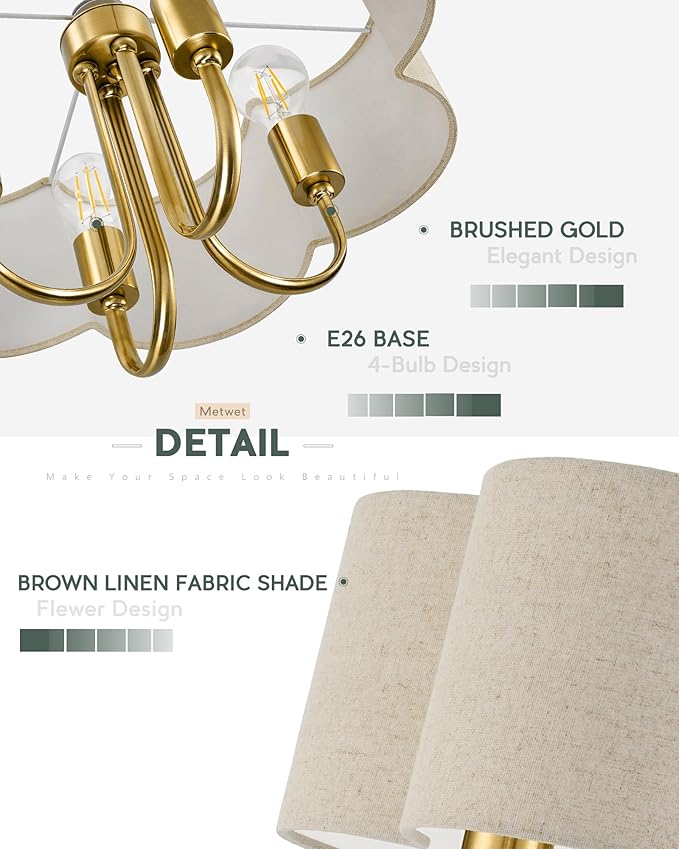 Gold Semi Flush Mount Ceiling Light, 18" 4-Light Light Fixtures Ceiling Mount with Brown Linen Petal Shade for Kitchen Nursery Entryway Hallway Bedroom, E26 Base, SM179-BG-L-6
