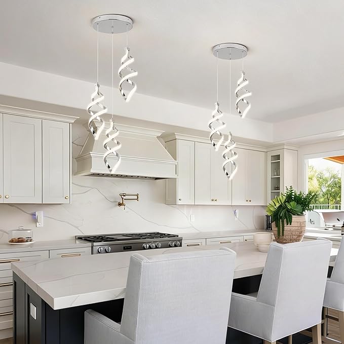 Modern Led Pendant Light Fixture, 45W Chrome Spiral Led Chandelier Hanging Lamp, 4500K Daylight White Pendant Lamp, Adjustable Height Pendant Light for Dining Room Bedroom Kitchen Island (3 Light)