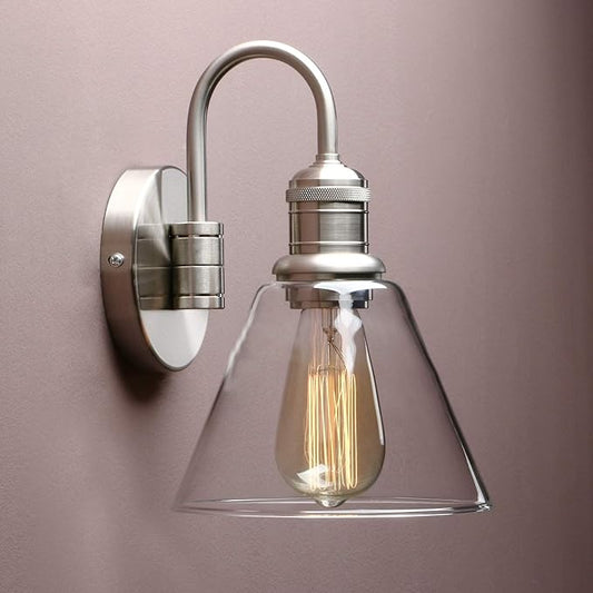 Yosoan 1-Light Brass Modern Vintage Indoor Wall Sconce, Vanity Single Luxury Hardwired Retro Textured Clear Funnel Flared Glass Shade with Industrial Curved Rod Bathroom Lamp(Brushed)