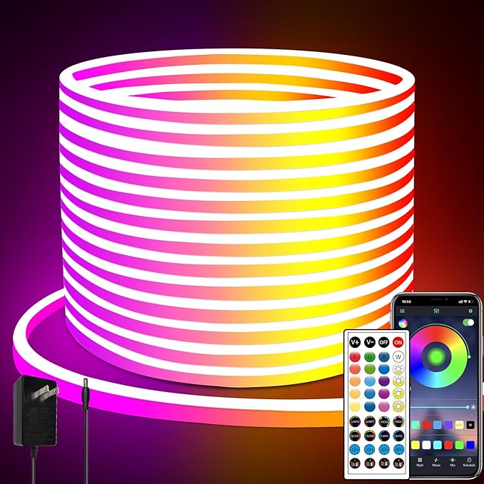 65.6FT LED Neon Rope Lights,24V RGB LED Neon Lights with Remote/APP Control,IP65 Waterproof Flexible Neon LED Strip Lights for Bedroom Room DIY Decoration（with Snap &Screws）