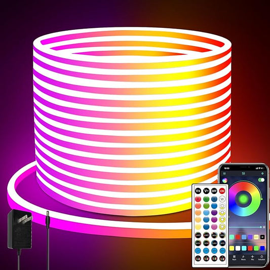 65.6FT LED Neon Rope Lights,24V RGB LED Neon Lights with Remote/APP Control,IP65 Waterproof Flexible Neon LED Strip Lights for Bedroom Room DIY Decoration（with Snap &Screws）
