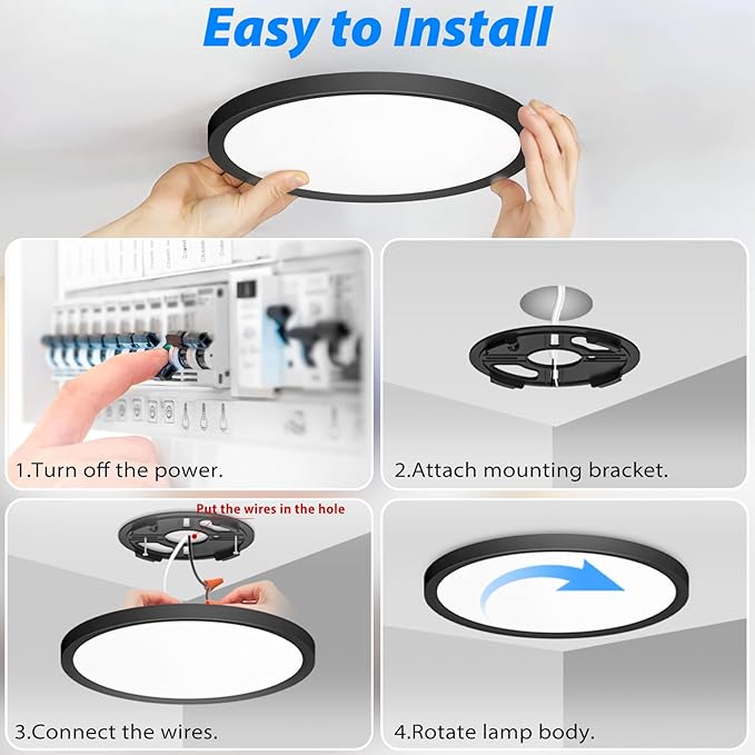 Peasur 7 inch LED Ceiling Light, 3000K/3500K/4000K/5000K/6500K Adjustable Flush Mount Light Fixture, 1500LM 15W Thin Black Round Lamp for Hallway Kitchen Bathroom Bedroom, 12Pack
