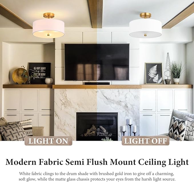 13" Semi Flush Mount Ceiling Light Fixture, 3-Light Gold Drum Light Fixture, Modern Close to Ceiling Light with White Fabric Shade Lamps for Bedroom Living Room Kitchen Hallway Entryway