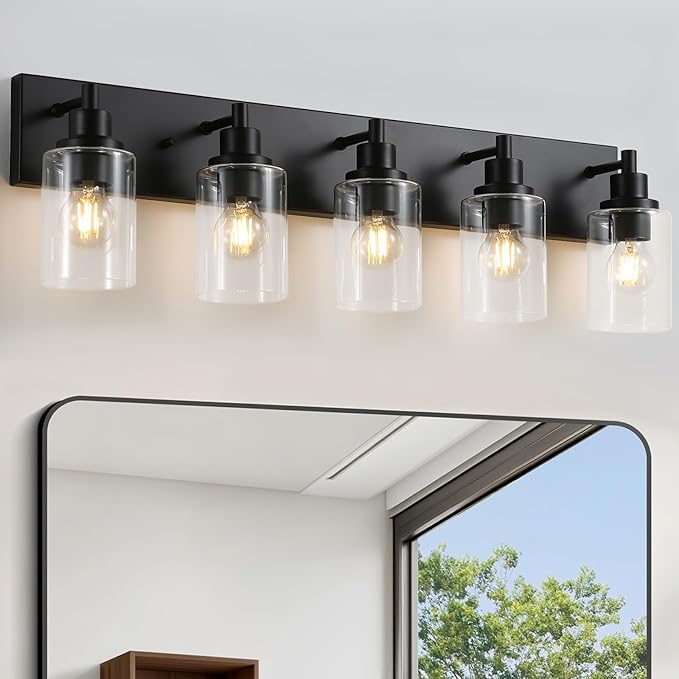 LOUSACE 5 Light Bathroom Vanity Light, Matte Black Bathroom Light Fixtures Over Mirror, Modern Bathroom Lighting with Clear Glass Shade, Black Farmhouse Wall Sconces Lighting Fixture for Bedroom
