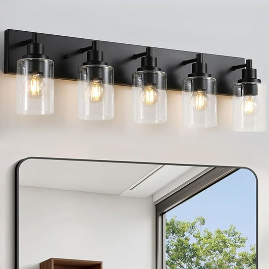 LOUSACE 5 Light Bathroom Vanity Light, Matte Black Bathroom Light Fixtures Over Mirror, Modern Bathroom Lighting with Clear Glass Shade, Black Farmhouse Wall Sconces Lighting Fixture for Bedroom