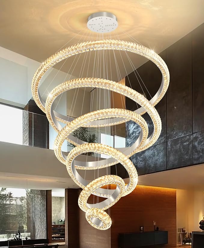 47" 6 Ring Crystal Chandelier Modern LED Dimmable Ring Pendant Light Chandelier for Dining Room Living Room Silver