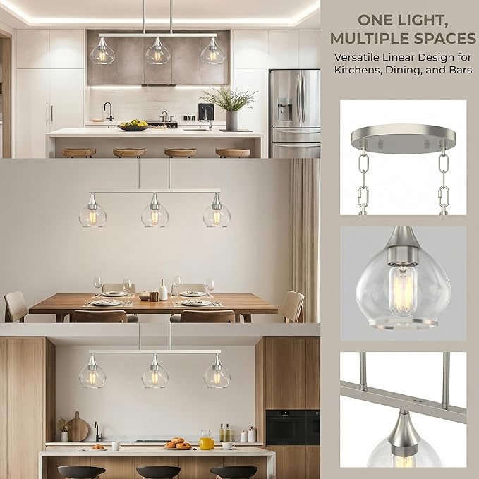 Kitchen Island Linear Pendant Light, 3-Light Modern Chandelier with Clear Glass Globe Shades, Linear Lighting Fixture Over Dining Table, Brushed Nickel